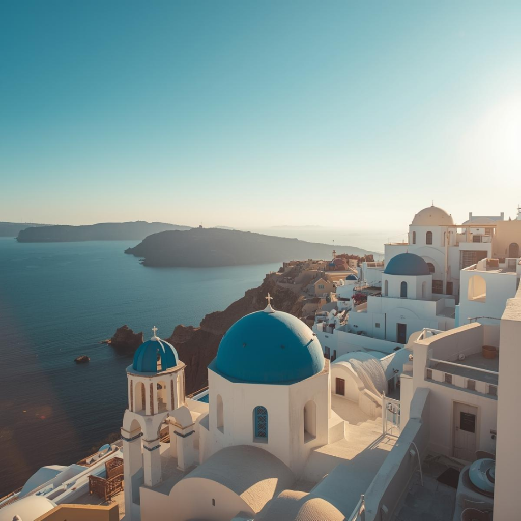 Vistas de casas en Grecia junto al mar en una tarde soleada
