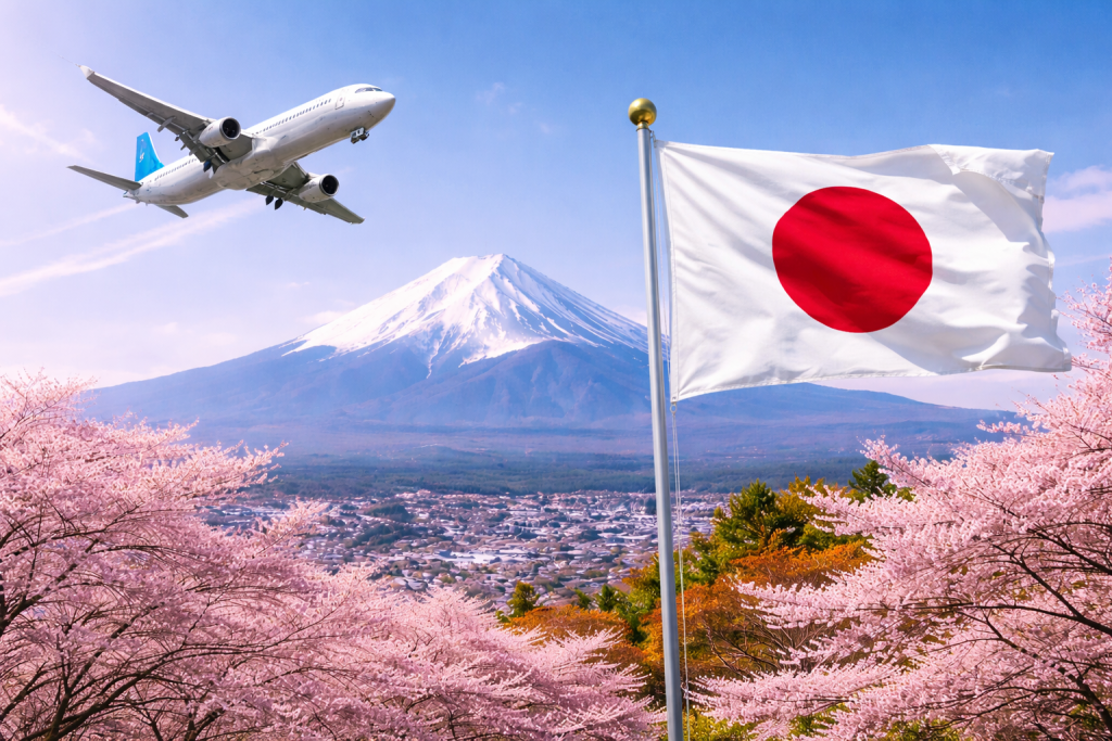 Avión sobre el monte Fuji y sakuras con la bandera de japon