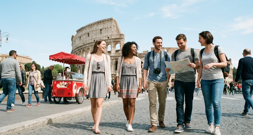 5 viajeros en Italia en el coliseo, con un mapa sonriendo y riendose de felicidad en un viaje de Geo Tour