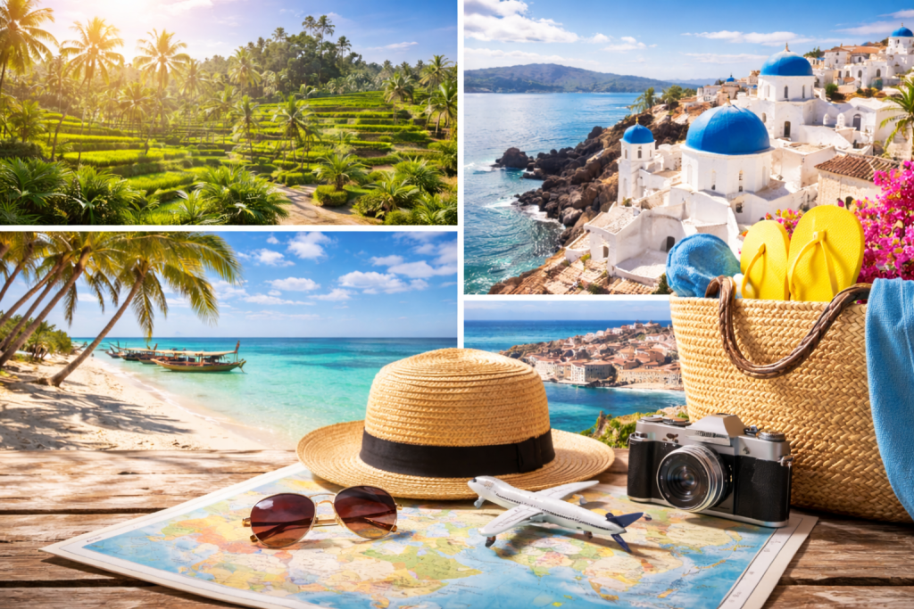Collage de imagenes, de partes del mundo y un mapa con lentes de sol, un avion de plastico y una camara fotografica