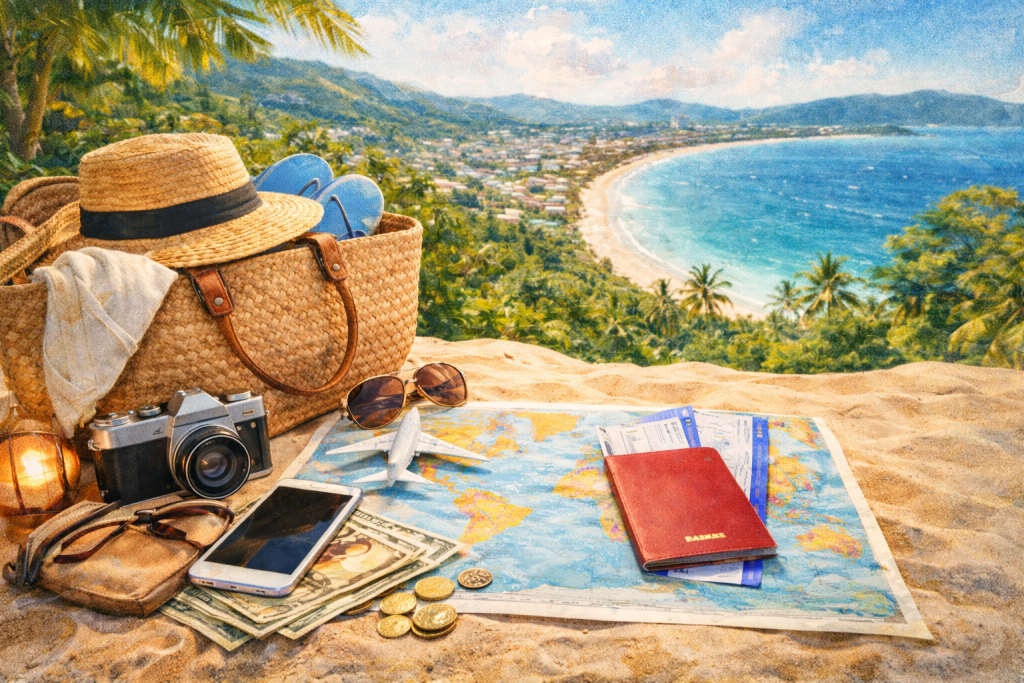 Mapa geografico, junto a pasaporte con billetes, un iphone, con billetes, monedas, una camara fotografica con una bolsa de playa con gorras y unas chanclas azules