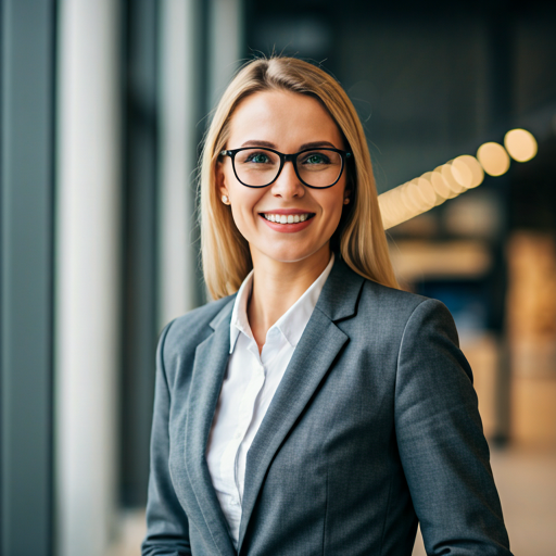 Asesora mujer, rubia con lentes, americana gris y camisa blanca de agencia de viajes de Geo Tours