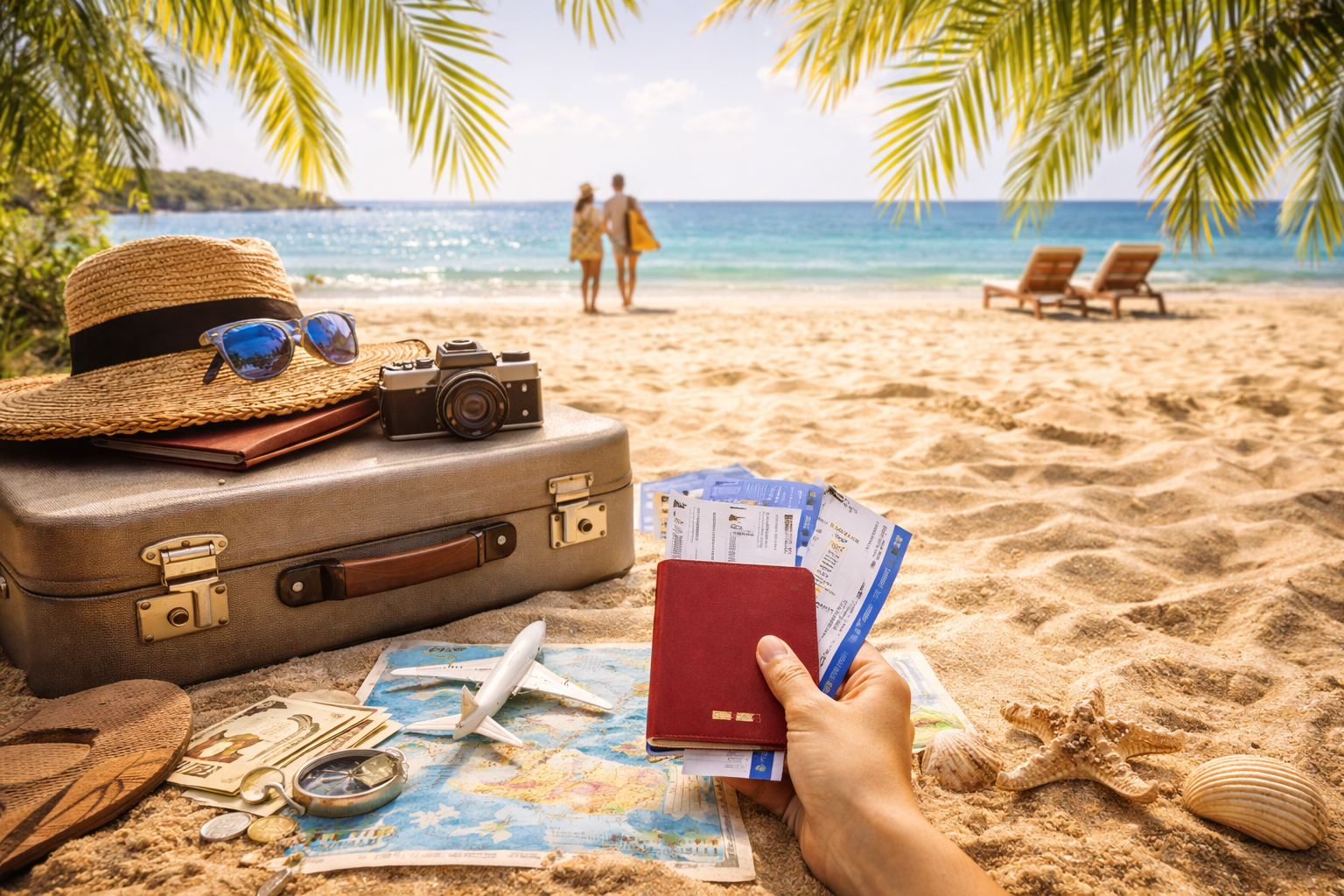 Imágen de maleta, junto a gorro, lentes de sol, camara fotografica , pasaporte con biletes en la playa, con un pareja de fondo frente al mar