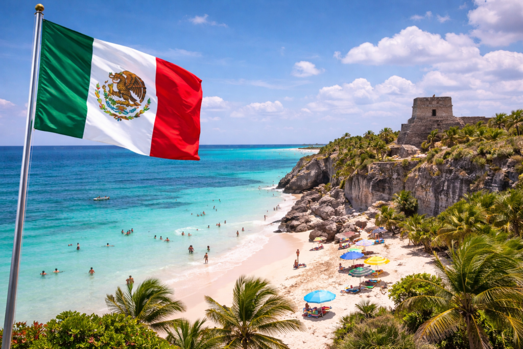 Playa mexicana con ruinas mayas, una playa con mucha gente y la bandera de México