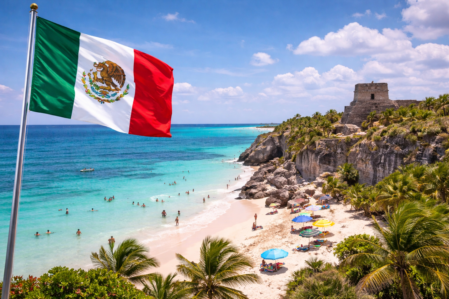 Playa mexicana con ruinas mayas, una playa con mucha gente y la bandera de México