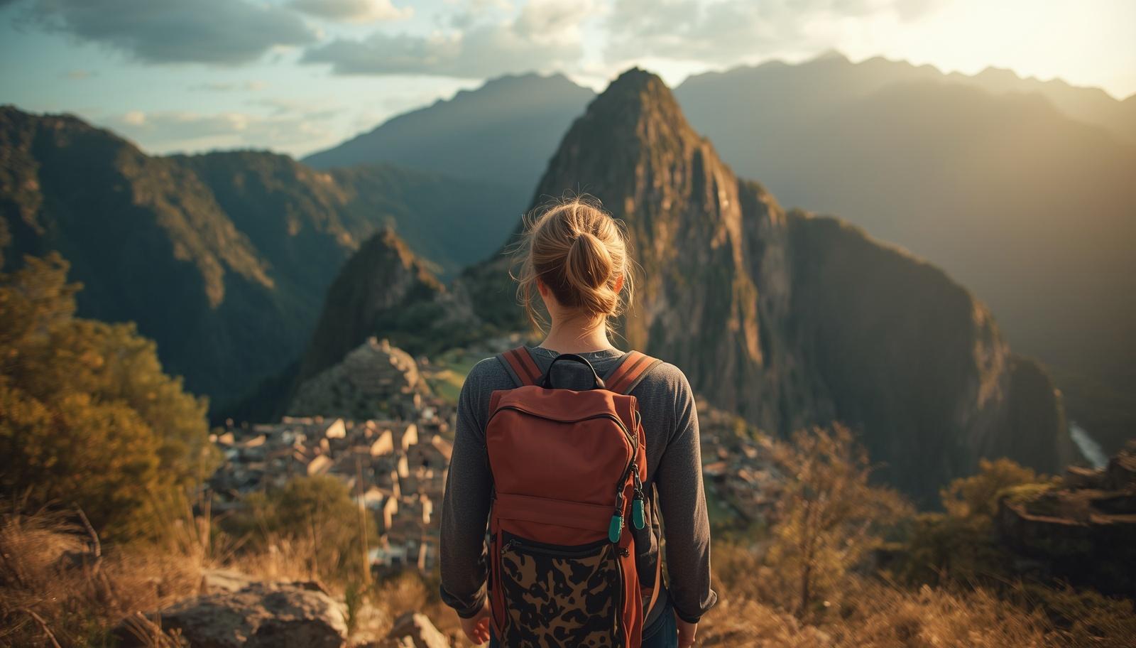 Mujer rubia con moño de espaldas y mochila frente a unas vistas de unas montañas