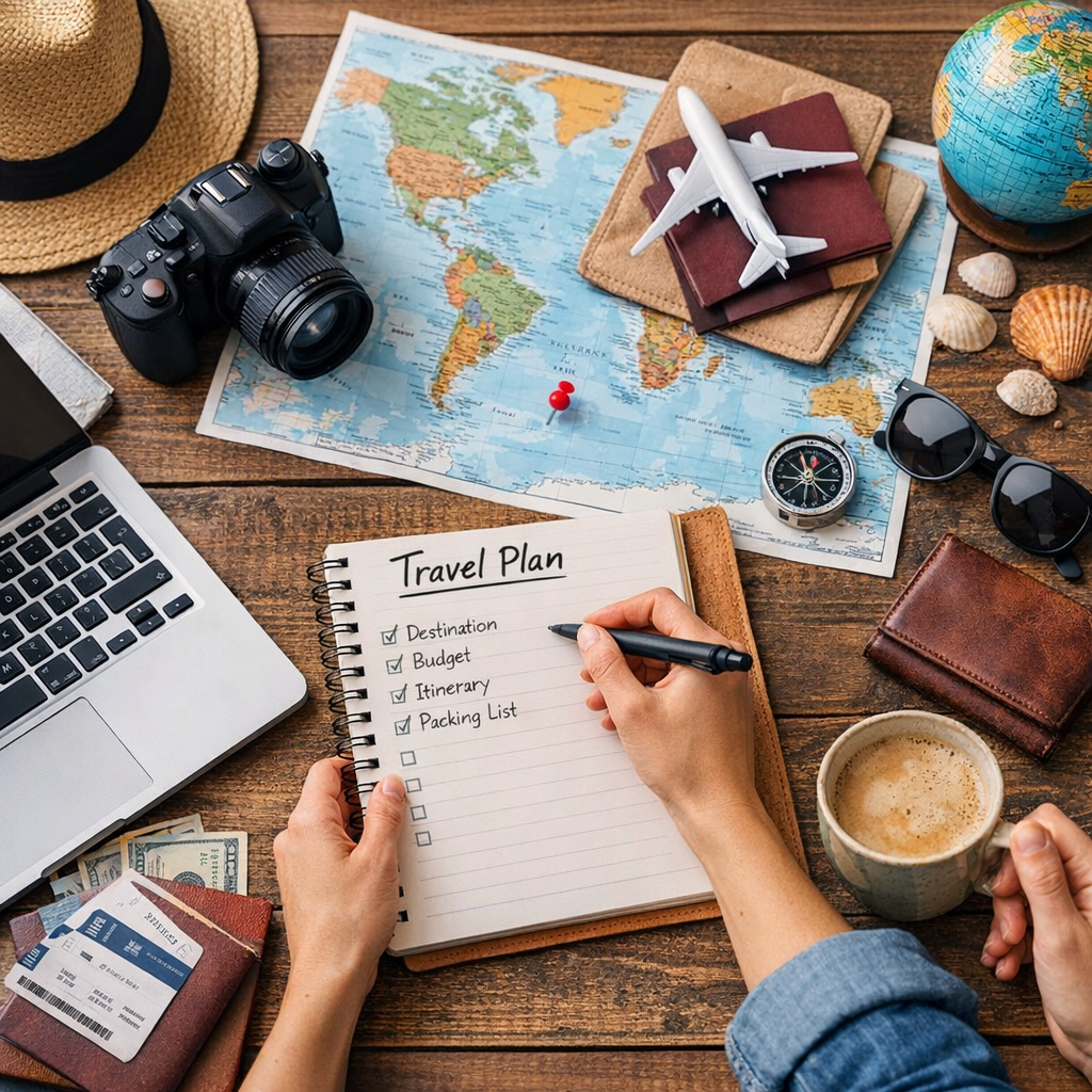 Manos escribiendo en una libreta de planes de viaje, junto a camara fotografica, mapa geografico, avion de plastico, un ordenador portatil , un café y unas lentes de sol