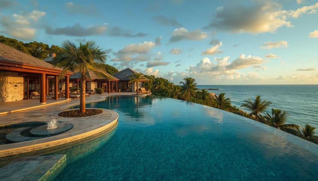 Imagen de hotel de lujo junto a piscina con cascada frente al mar en un atardecer en recinto de turismo de bienestar de Geo Tours en México