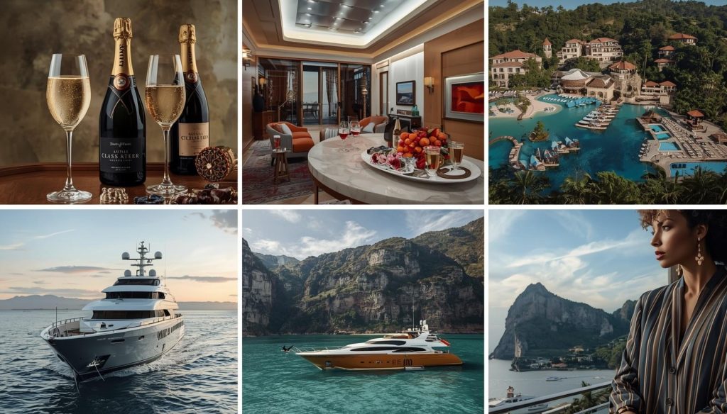 Collage de imagenes, de zonas turisticas, yates, comedores lujosos, y dos copas de champagne junto a dos botellas