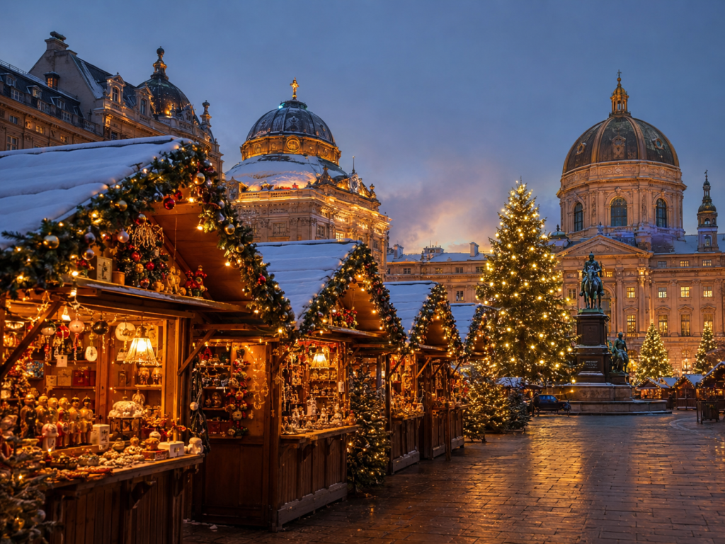 Mercado navideño iluminado entre Berlín y Viena con puestos de madera, nieve y arquitectura histórica.
