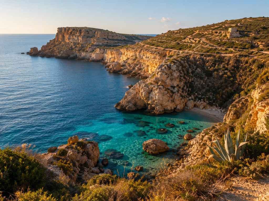 Acantilados y cala de aguas cristalinas en la isla de Gozo, Malta.