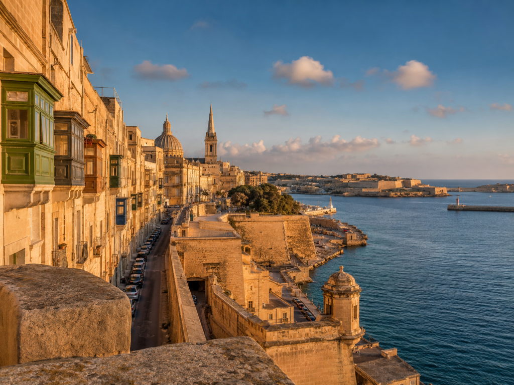 Arquitectura histórica y vistas al Gran Puerto de La Valeta, Malta.