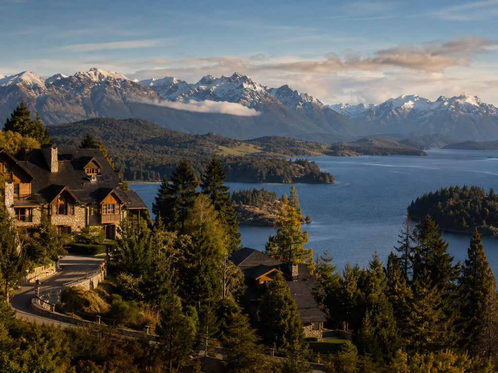 Bariloche y el lago Nahuel Huapi rodeados de montañas.