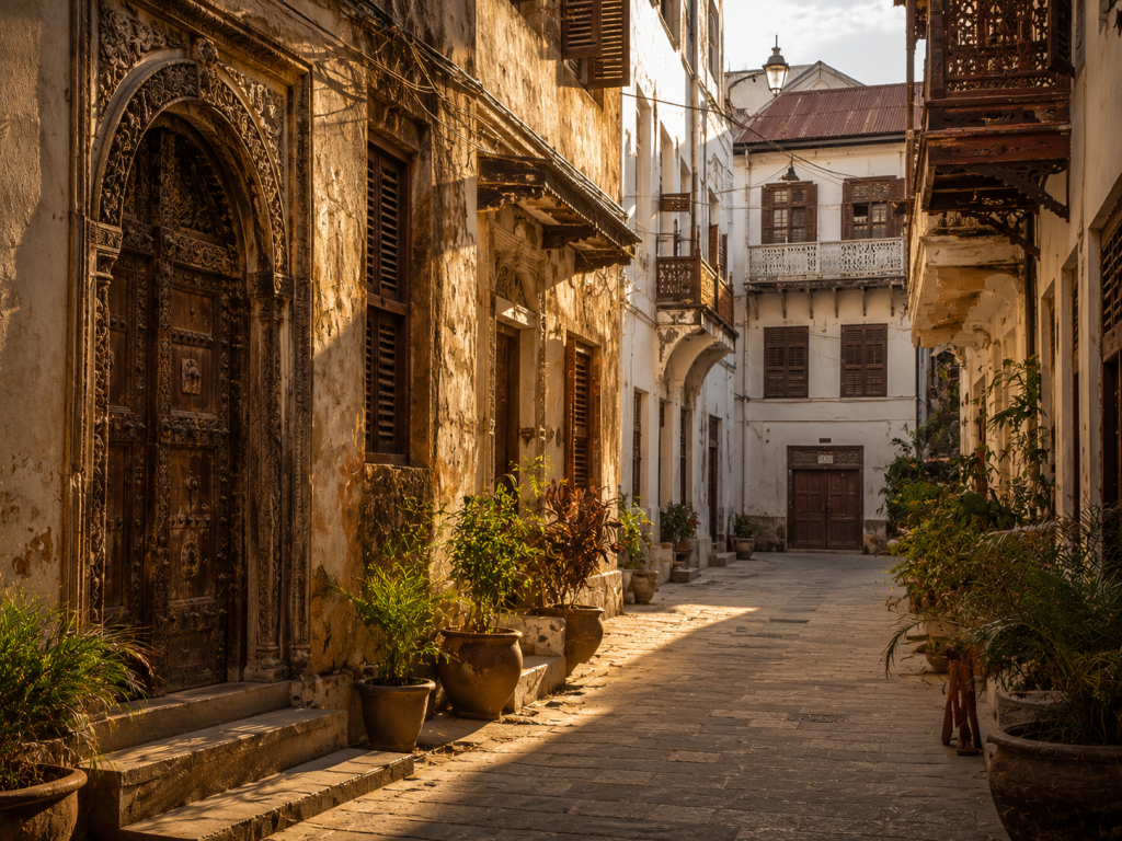 Calles históricas y puertas talladas en Stone Town, Zanzíbar.