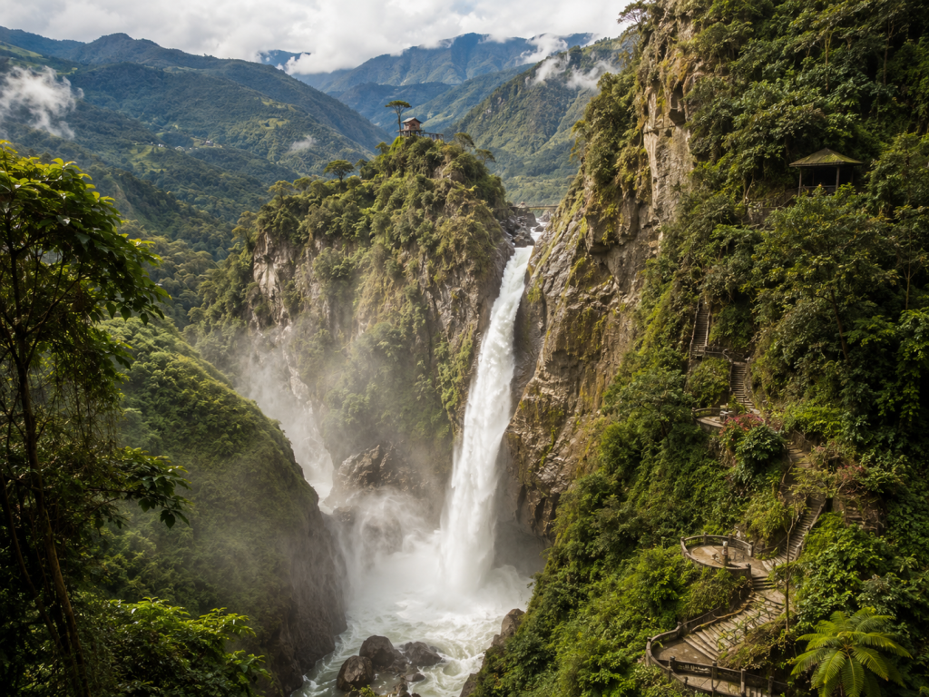 Cascada y paisaje montañoso en Baños de Agua Santa, Ecuador.