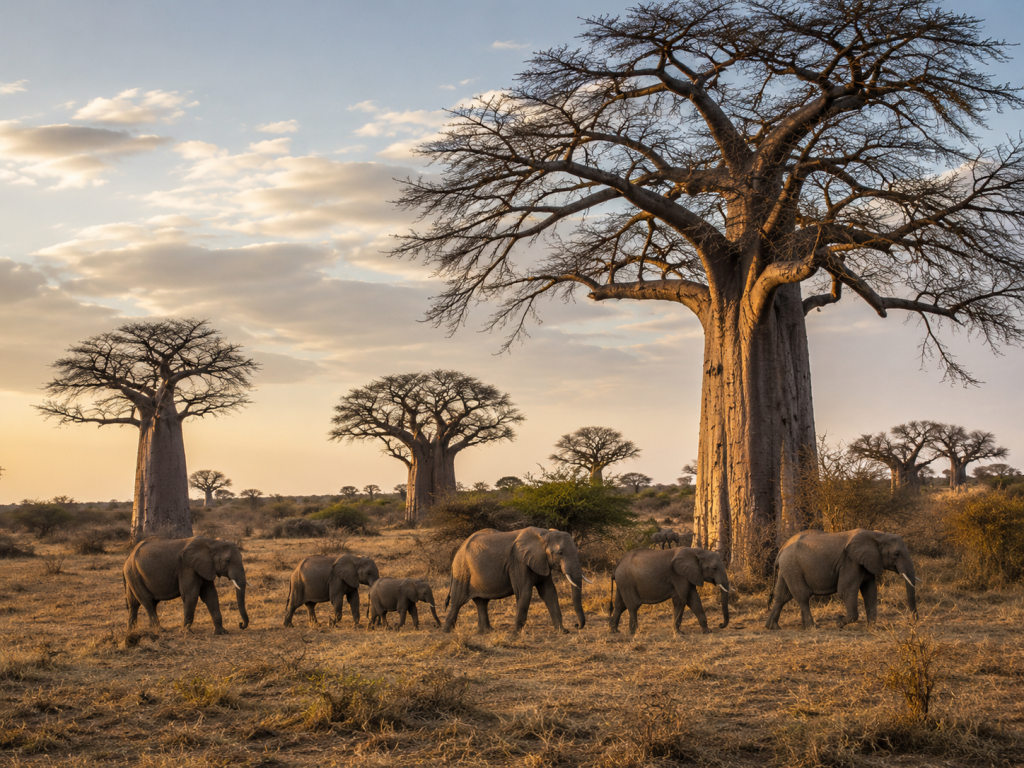 Elefantes y baobabs en el Parque Nacional Tarangire, Tanzania.