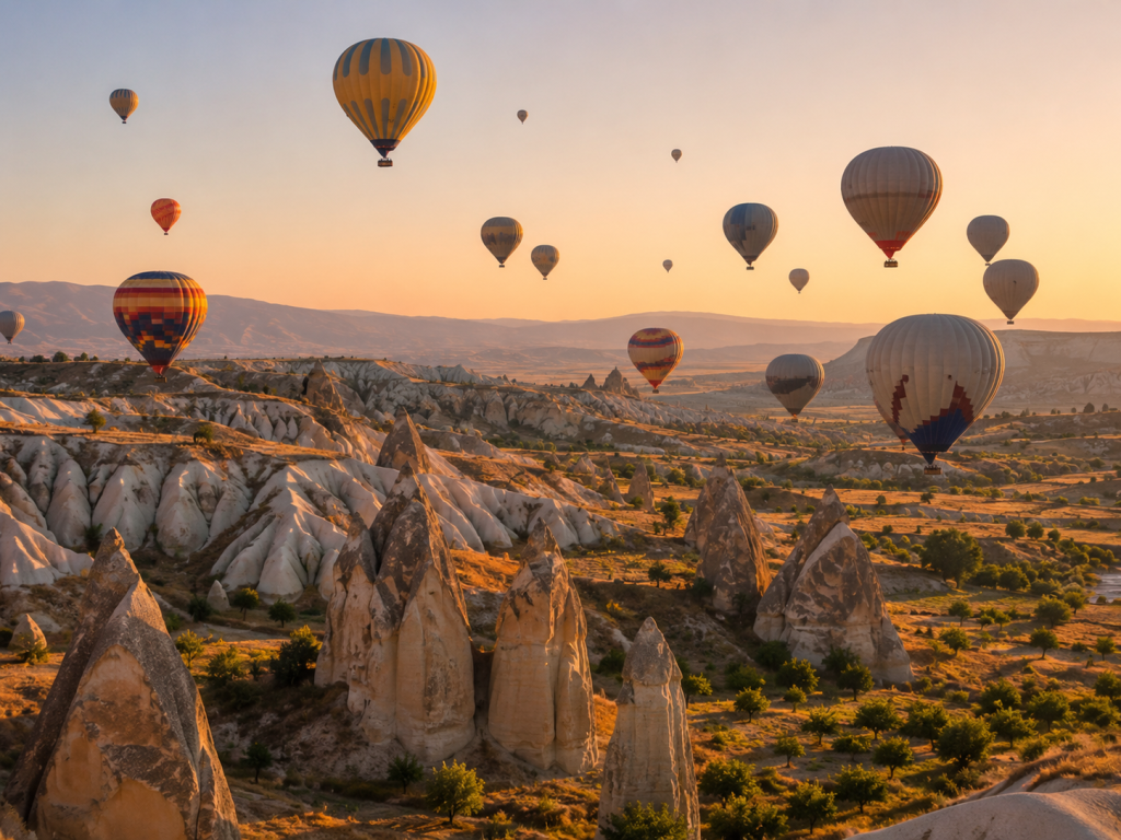 Globos aerostáticos sobre los valles de Capadocia al amanecer.