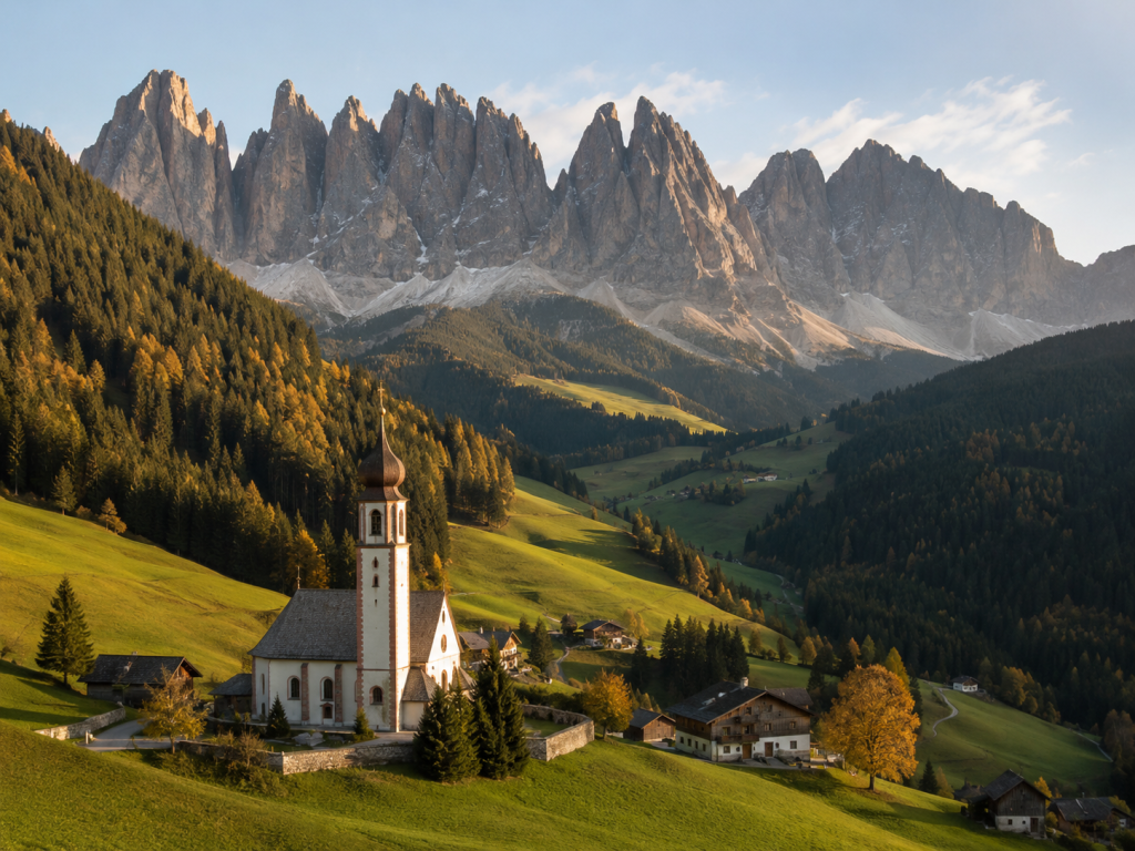 Iglesia de Santa Maddalena y montañas en Val di Funes, Dolomitas.