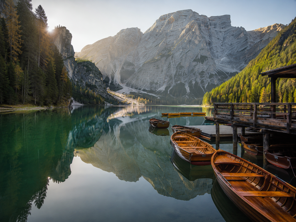Lago di Braies con botes de madera y montañas de los Dolomitas.