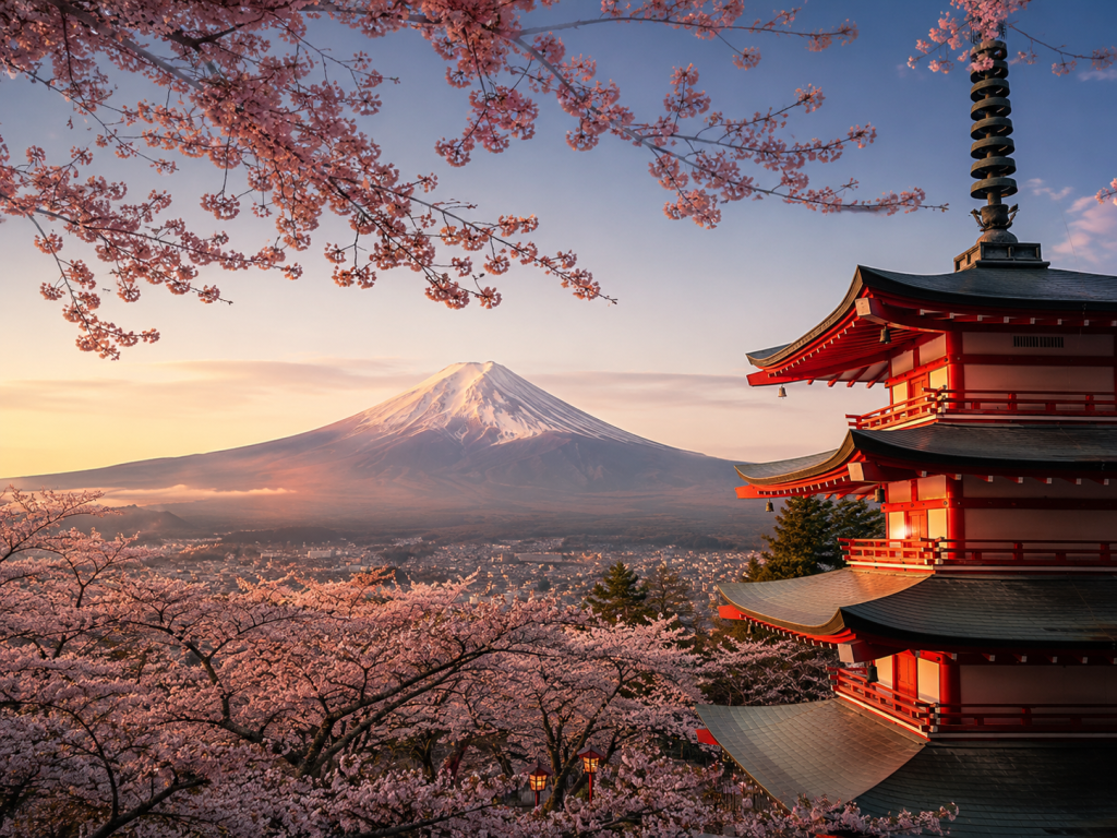 Monte Fuji, templo tradicional y cerezos en flor durante la primavera en Japón.