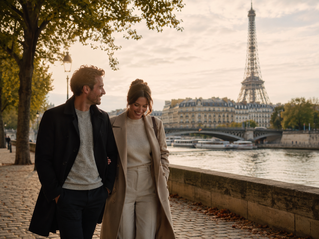 Pareja recorriendo París con la Torre Eiffel al fondo.