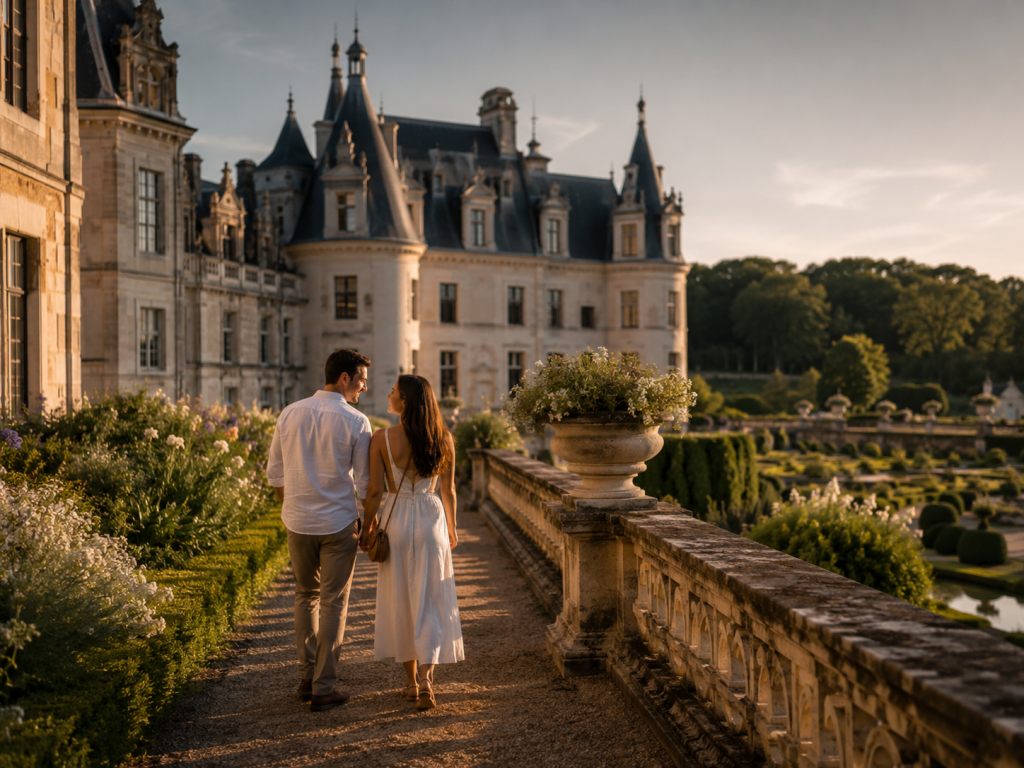 Pareja recorriendo los jardines de un castillo del Valle del Loira.