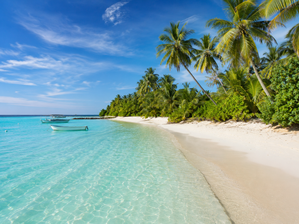 Playa de arena blanca y aguas turquesa en Maafushi, Maldivas.