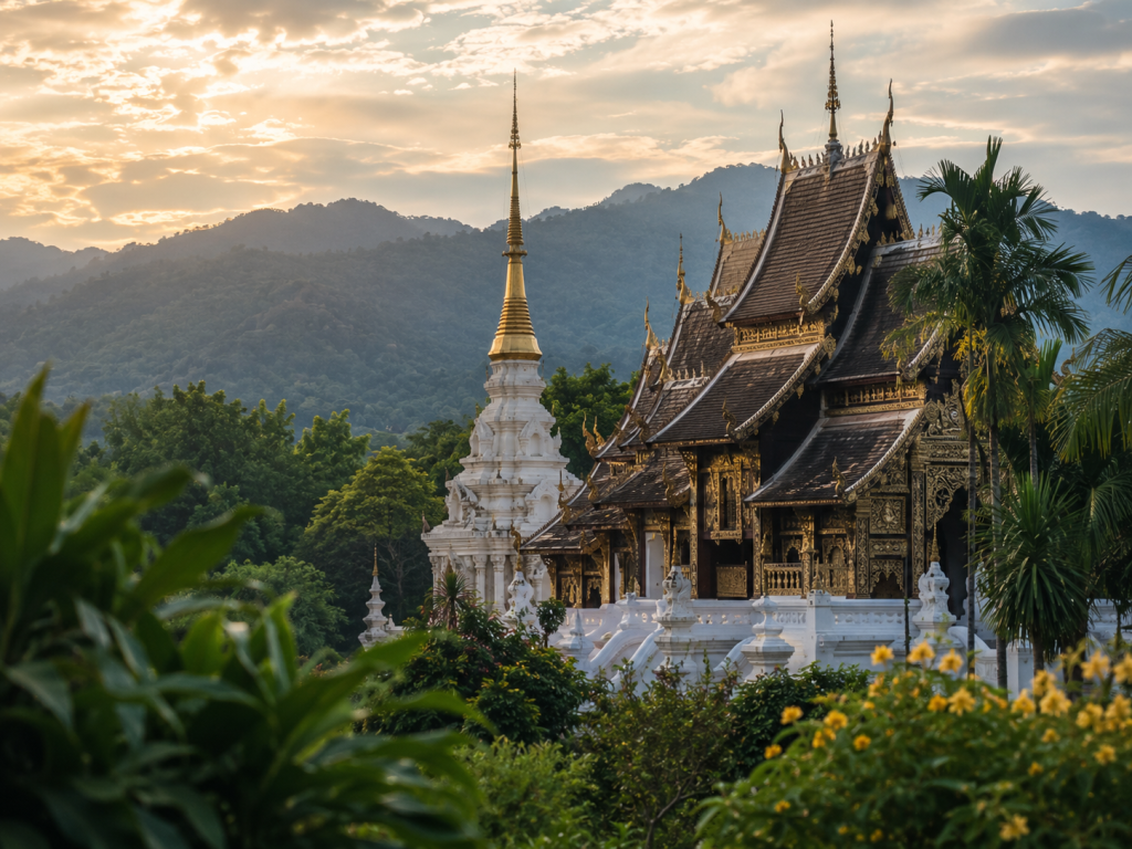 Templo tradicional rodeado de naturaleza en Chiang Mai, Tailandia.