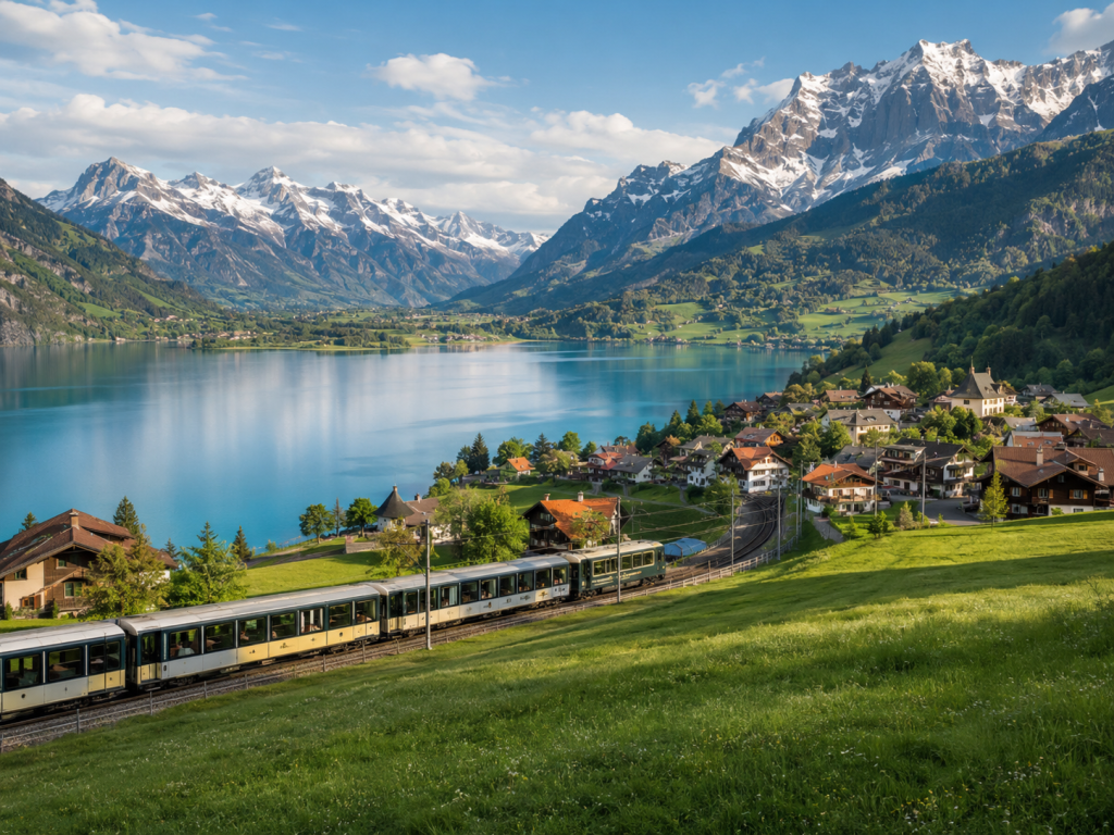 Tren panorámico junto a un lago y montañas en los Alpes europeos.