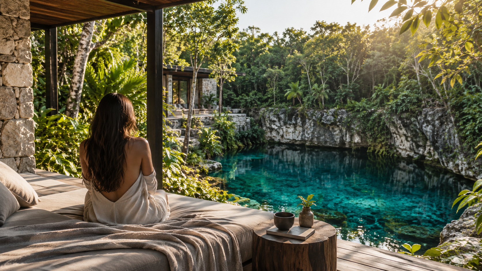 Turismo de bienestar en México junto a un cenote rodeado de naturaleza tropical